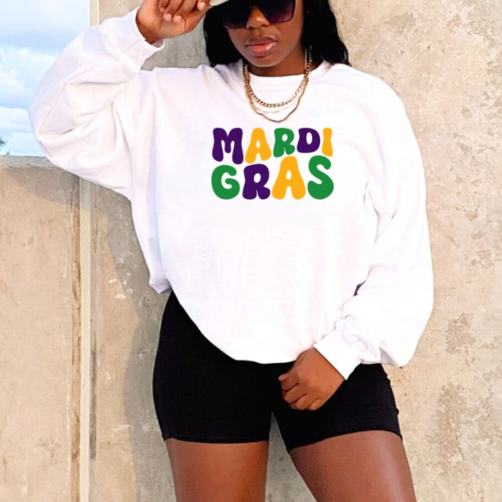 Mardi Gras Sweatshirt (Wavvy Letters/ White)